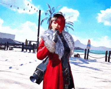 a woman in a red coat is holding a gun and a camera
