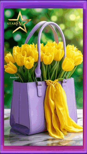 a purple purse filled with yellow tulips and a starfm logo on the bottom