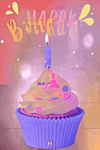 a cupcake with a candle on top of it and the words `` happy birthday '' written on the background .