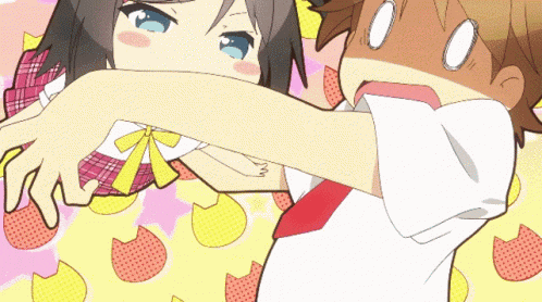 a boy and a girl are hugging each other in a cartoon scene