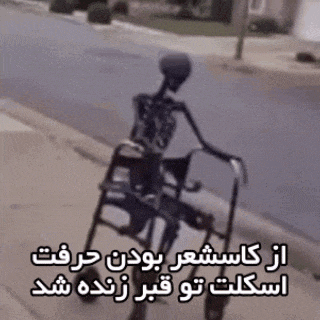 a skeleton is pushing a walker down the street