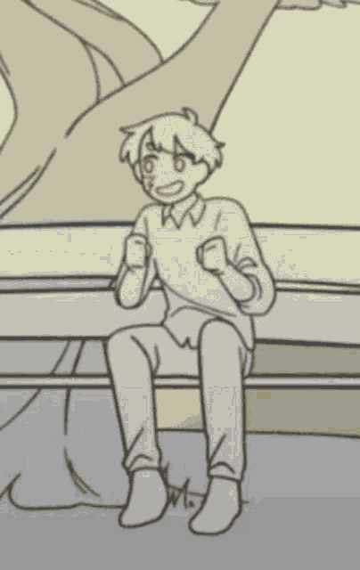 a drawing of a boy sitting on a bench with a dinosaur in the background .