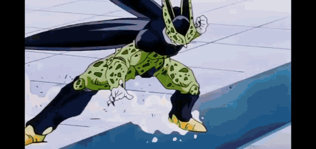 a cartoon character is standing on a tiled floor in a room .