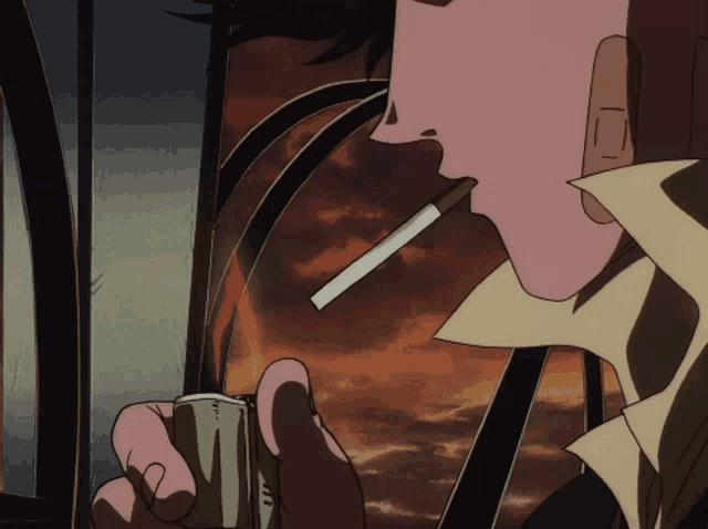a man is smoking a cigarette and holding a lighter in his hand