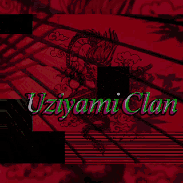 a red and green umbrella with a dragon and the words uzyani clan