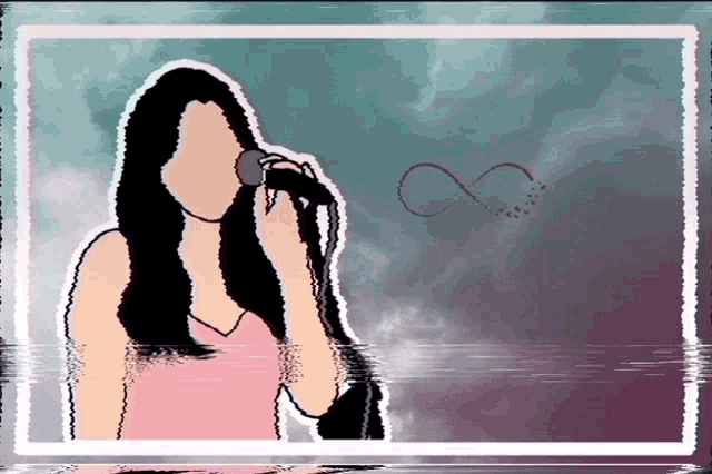 a picture of a woman singing into a microphone with an infinity symbol in the background