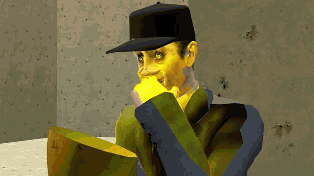 a man with yellow eyes and a black hat holds his hand to his face