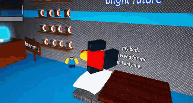 a room with a bed and a sign that says beans