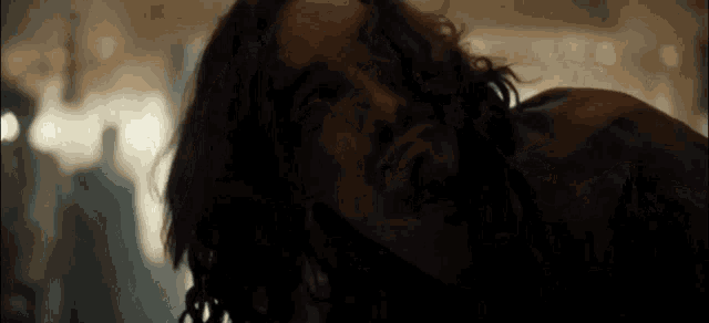 a close up of a man with long hair and a beard looking at the camera .