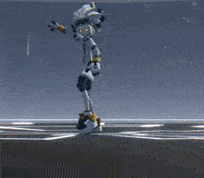 a cartoon character is standing on a gray surface with white lines