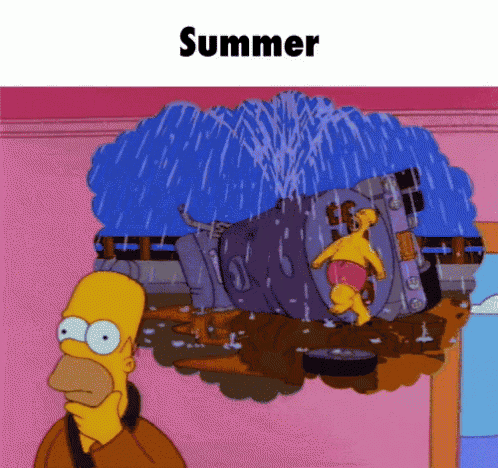 a cartoon of homer simpson thinking about a fountain in the summer