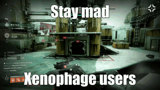 a video game screen with the words stay mad xenophage users on it