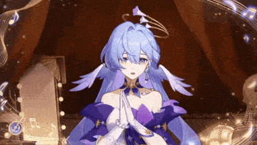 a girl with blue hair and wings is surrounded by musical notes