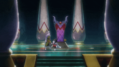 a purple throne with horns sits in the middle of a room