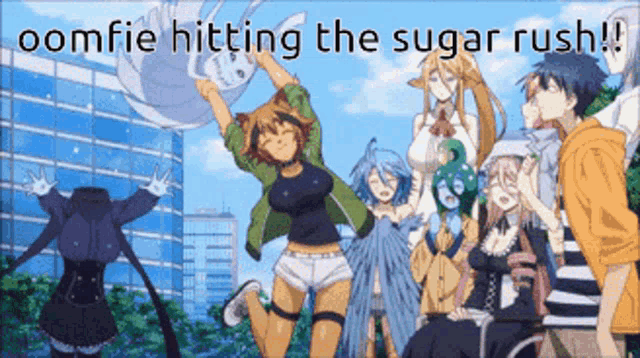a group of anime characters are standing in front of a building with the words oomfie hitting the sugar rush written above them .