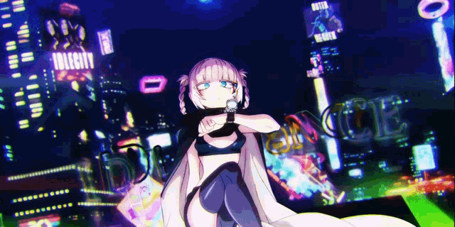 a girl is standing in front of a neon sign that says idol city