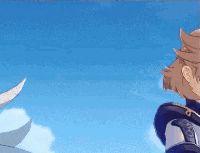 a cartoon character is standing in front of a blue sky with a bird flying in the background .