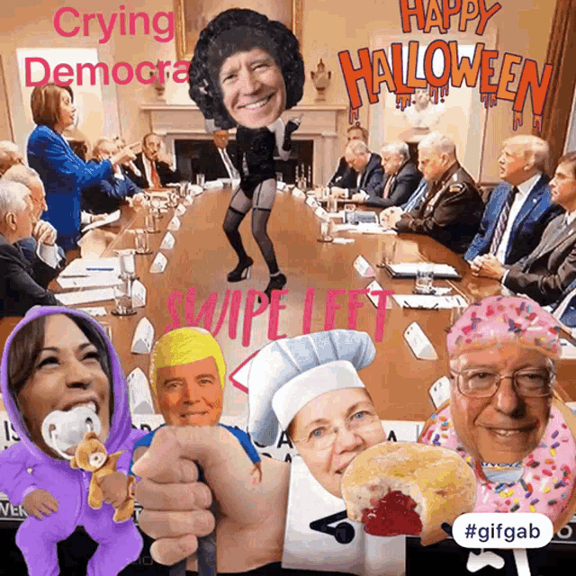 a group of people sitting around a table with the words happy halloween written on the bottom