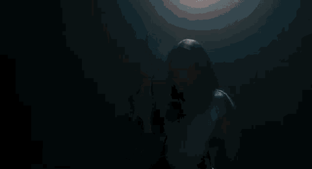 a woman is standing in a dark room in front of a light .