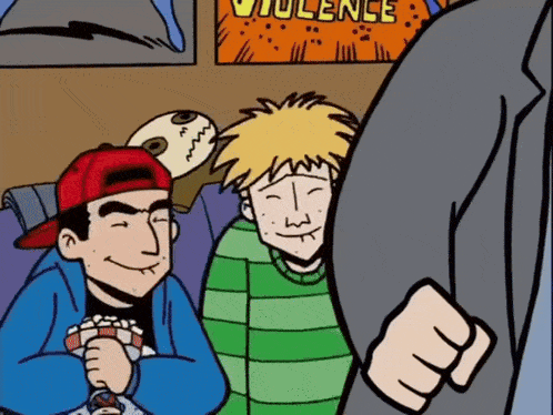a cartoon of a man with a fist in front of a poster that says violence