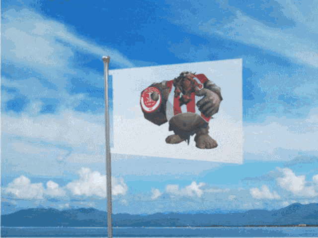 a flag with a picture of a troll on it is flying in front of a body of water