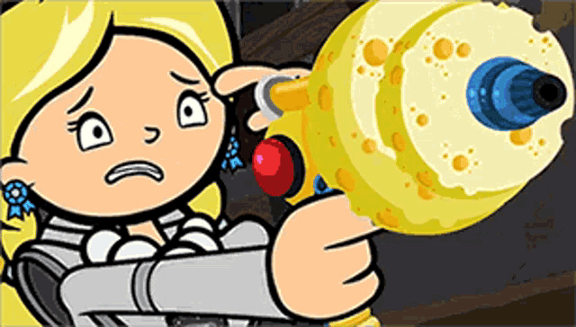 a cartoon character is holding a yellow object with a red button