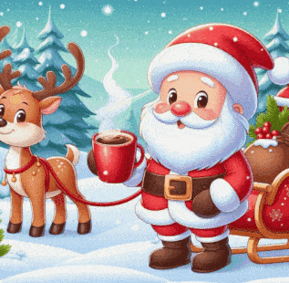 a cartoon illustration of santa claus holding a cup of coffee next to a reindeer pulling a sleigh
