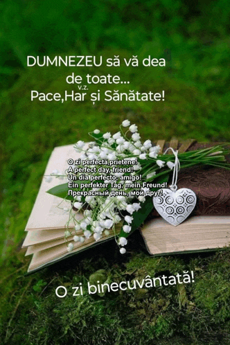 a bouquet of lily of the valley flowers sits on top of a book