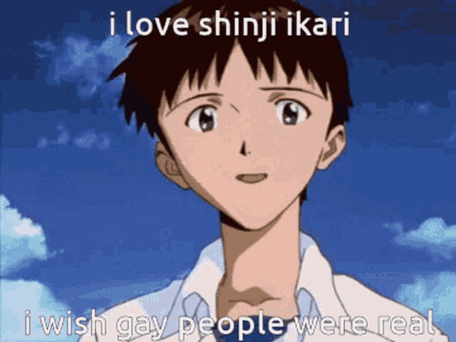 a picture of a cartoon character with the caption i love shinji ikari i wish gay people were real