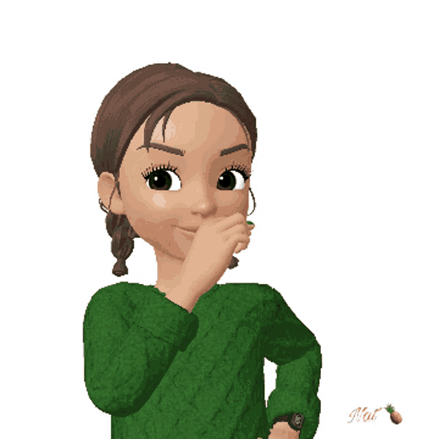 a cartoon girl wearing a green sweater is smiling and making a call me gesture