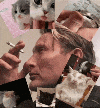 a man smoking a cigarette and holding a cat