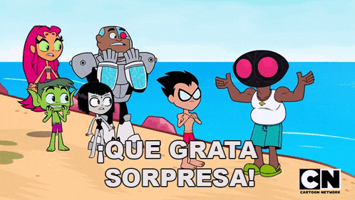 a group of cartoon characters are standing on a beach with the words que grata sorpresa