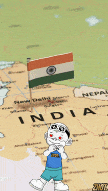 a map of india with a cartoon character in front of it