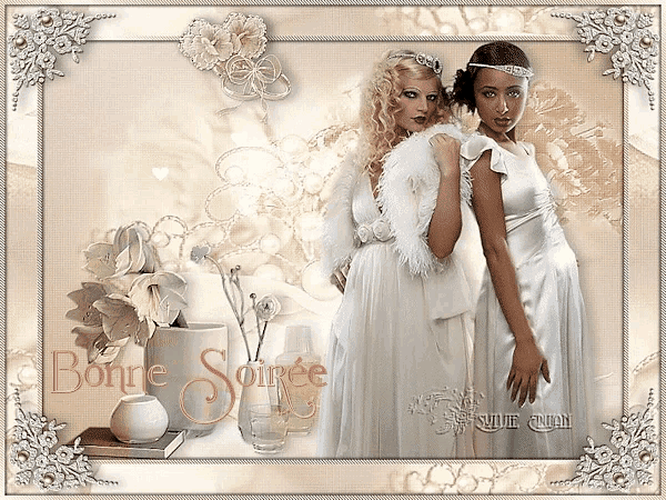two women in white dresses are standing next to each other with the words bonne soiree in the corner