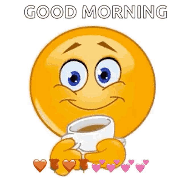 a cartoon smiley face is holding a cup of coffee .