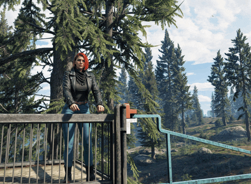 a woman with red hair is standing on a railing in a video game