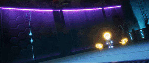 a purple room with a few lights on the wall