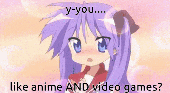 a picture of a girl with purple hair and the words " y-you ... like anime and video games "