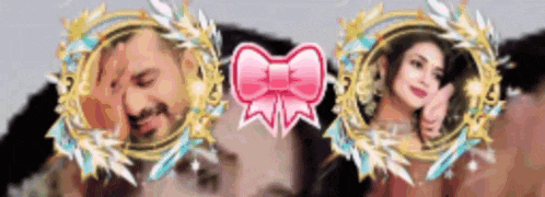 a picture of a man and woman with a pink bow
