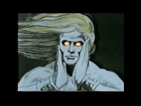 a man with long hair is covering his face with his hands and his eyes are glowing .