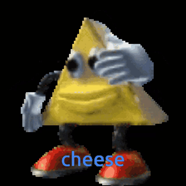 a pixel art of a yellow triangle with arms and legs and the word cheese below it