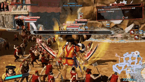 a screenshot of a video game shows luffy entering combat with bartolomed