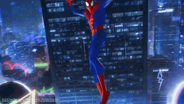 a man in a spiderman costume is flying through the air in front of a building with a lightning bolt on it