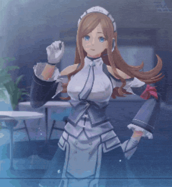a girl with long brown hair and blue eyes is wearing a maid outfit