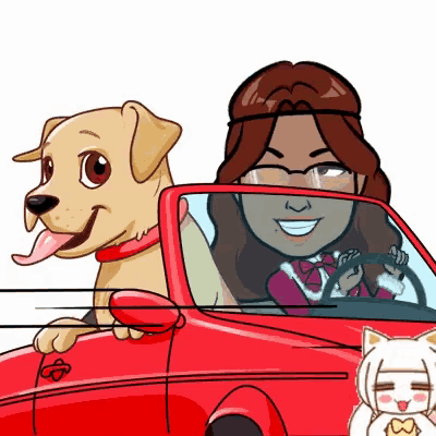a woman is driving a red car with a dog in the back