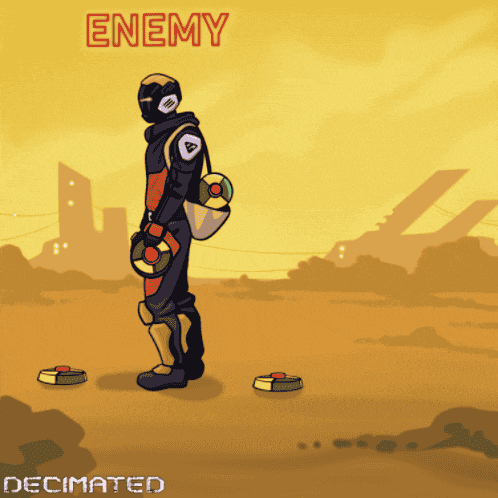 a cartoon of a man standing in a field with enemy written above him