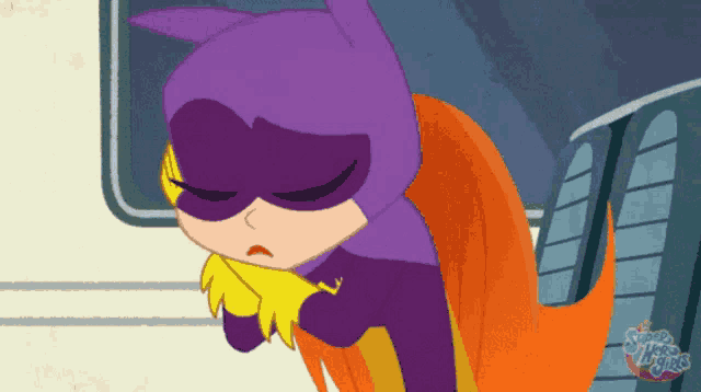 a cartoon drawing of a girl in a purple and orange superhero costume