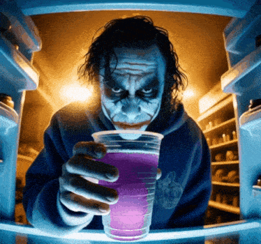 a man in a joker costume holds a cup of purple liquid