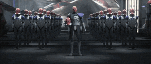 a man in a purple armor stands in front of a row of clone trooper soldiers