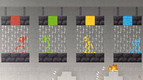 a screenshot of a video game with four different colored blocks in a row
